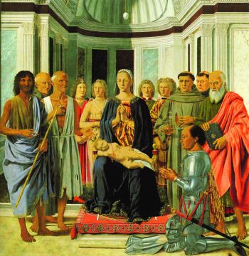 Piero della Francesca: Mária gyermekével, szentekkel és Federico da Montrefeltróval (részlet).  Milánó, Galleria di Brera Piero 